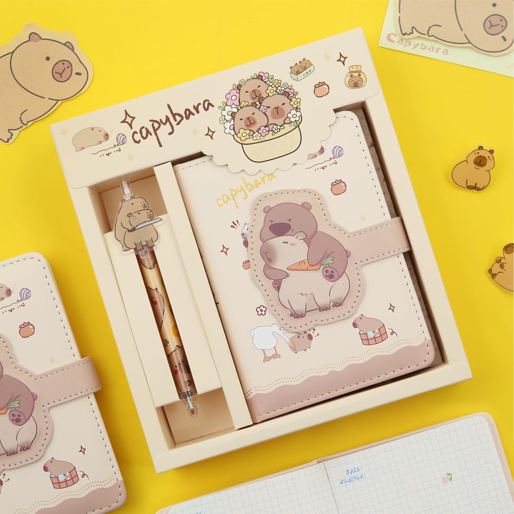 2 in 1 Cute Capybara Theme Stationery Gift Box Set Includes 1 Pcs A6 Cartoon Animal Capybara Notebook Journal Memo Pads Notepad Diary and Pen Gift for Birthday Christmas Kids Office School Supplies