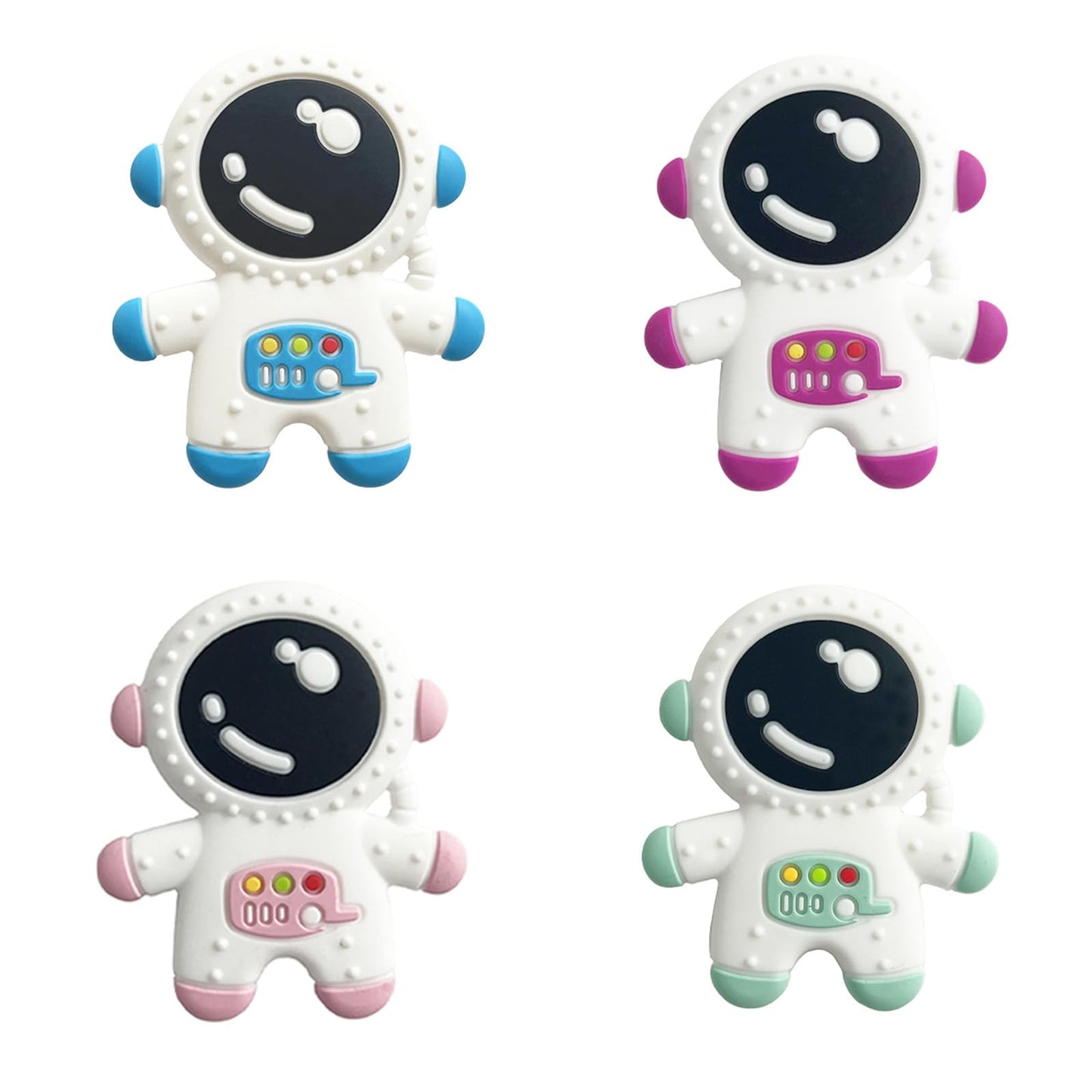 Cuxnoo Baby Teething Spaceman Toy for 3+ Months Infants Sucking, Food Grade Silicon Astronaut Styling Teether, BPA Free (4 in 1 Pack)