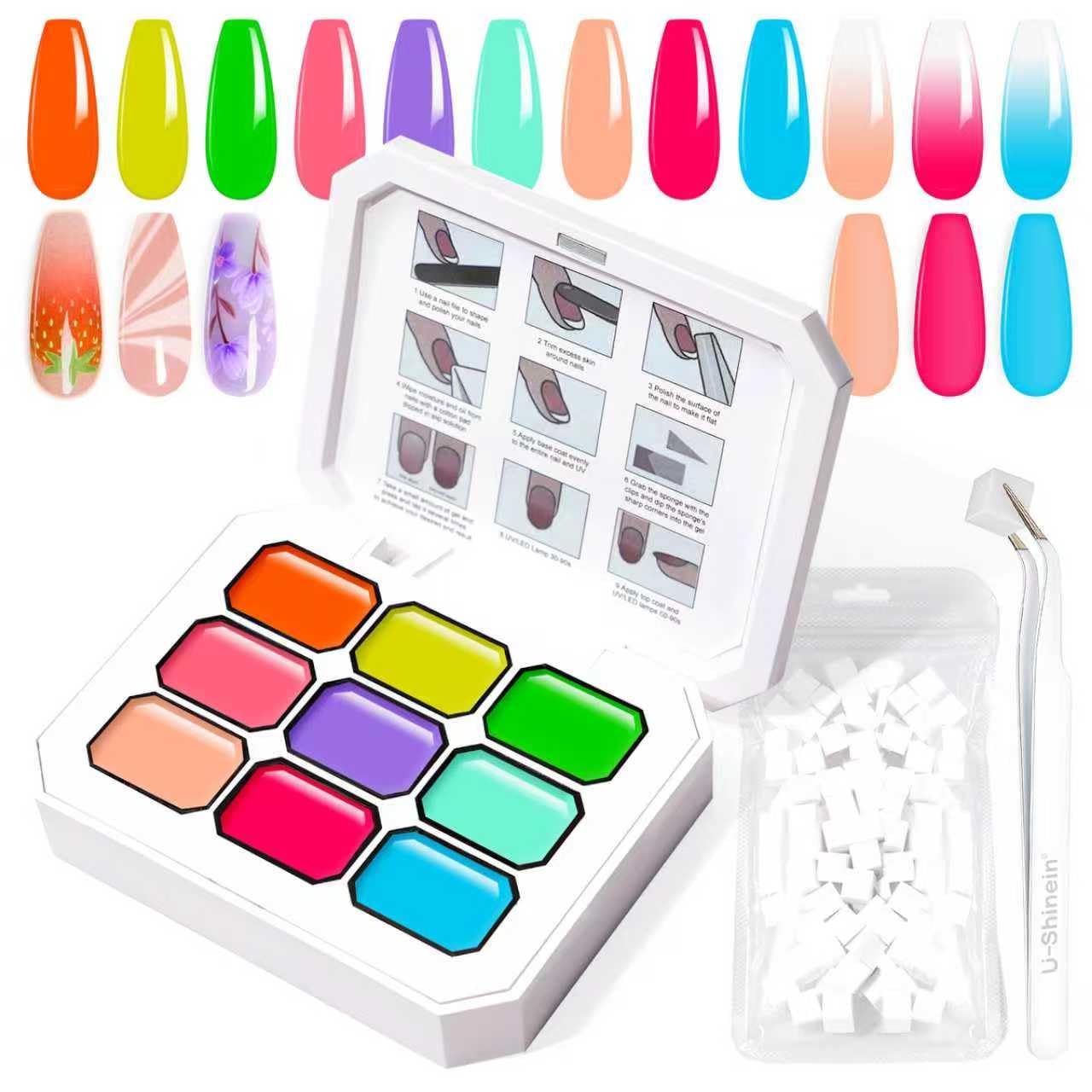 U-Shinein Gradient Painting Gel, 9 Neon Colors Ombre Gel Nail Polish Light Rainbow Hot Pink Blue Green for Pigment Pat Nails Aura Nails, French Manicure DIY Nail Art Rainbow Candy Set