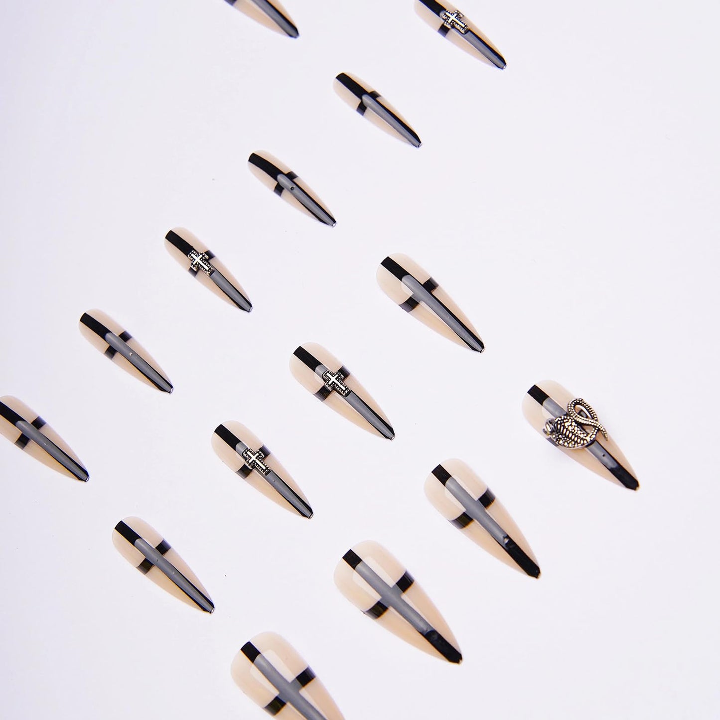MISUD Press on Nails - Long Stiletto Fake Nails with Goth Black Cross, Acrylic Y2K Charms Design 24 pcs
