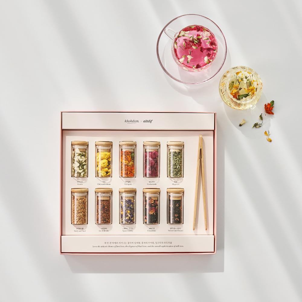 KKOKDAM Premium 10-Tea Sampler Gift Set with Wooden Tweezers – 5 Blooming Flower & 5 Blended Loose Leaf Teas – Unique Korean Gift Box for Women, Mom & Tea Lovers – 1.68oz Variety Pack
