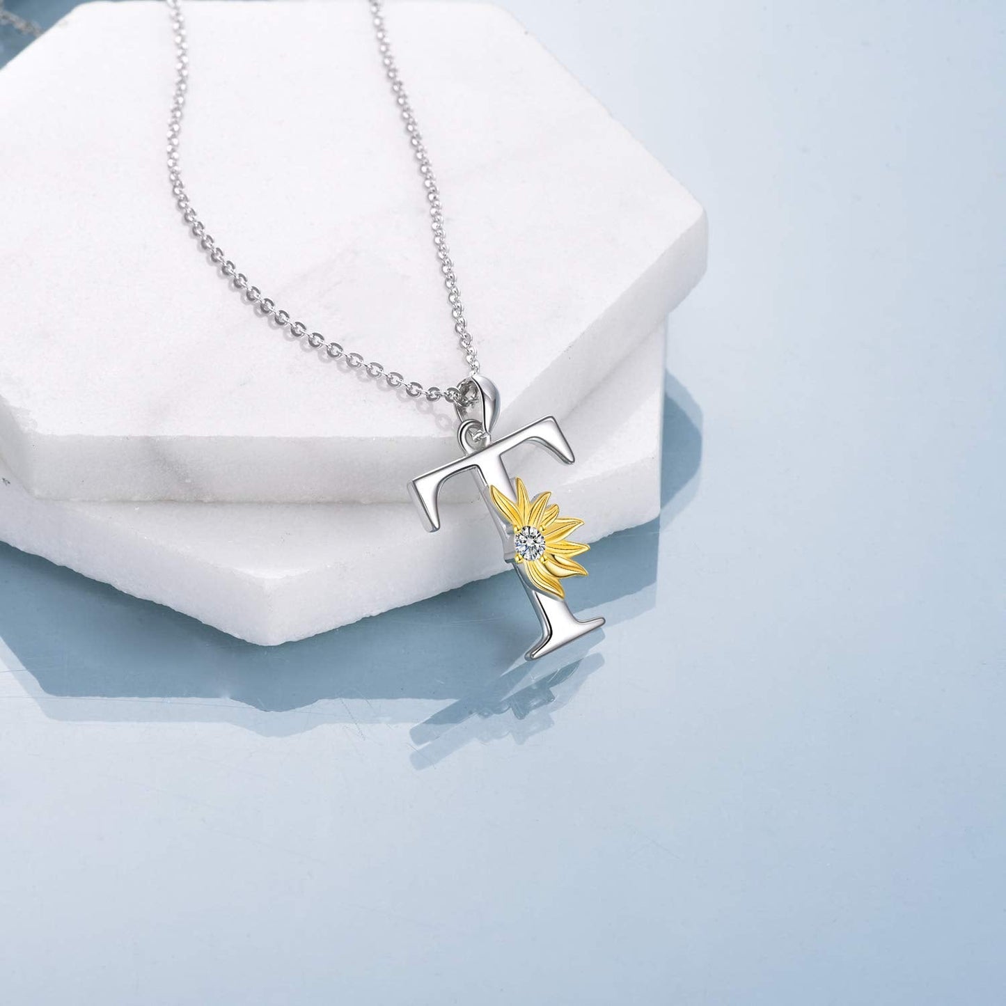 POPLYKE Sterling Silver Initial Alphabet Letter T Script Name Pendant Chain Necklace for Women for (Sunflower T)