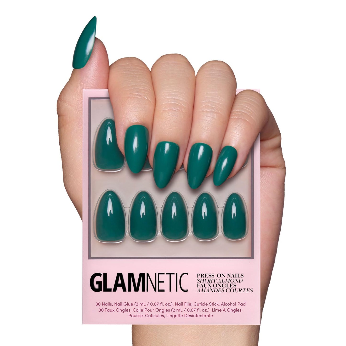 Glamnetic Press On Nails - Emerald Green | Opaque Cool Tone, Deep Emerald Green Short Almond Fake Nails, Salon Quality | 15 Sizes - 30 Nail Kit