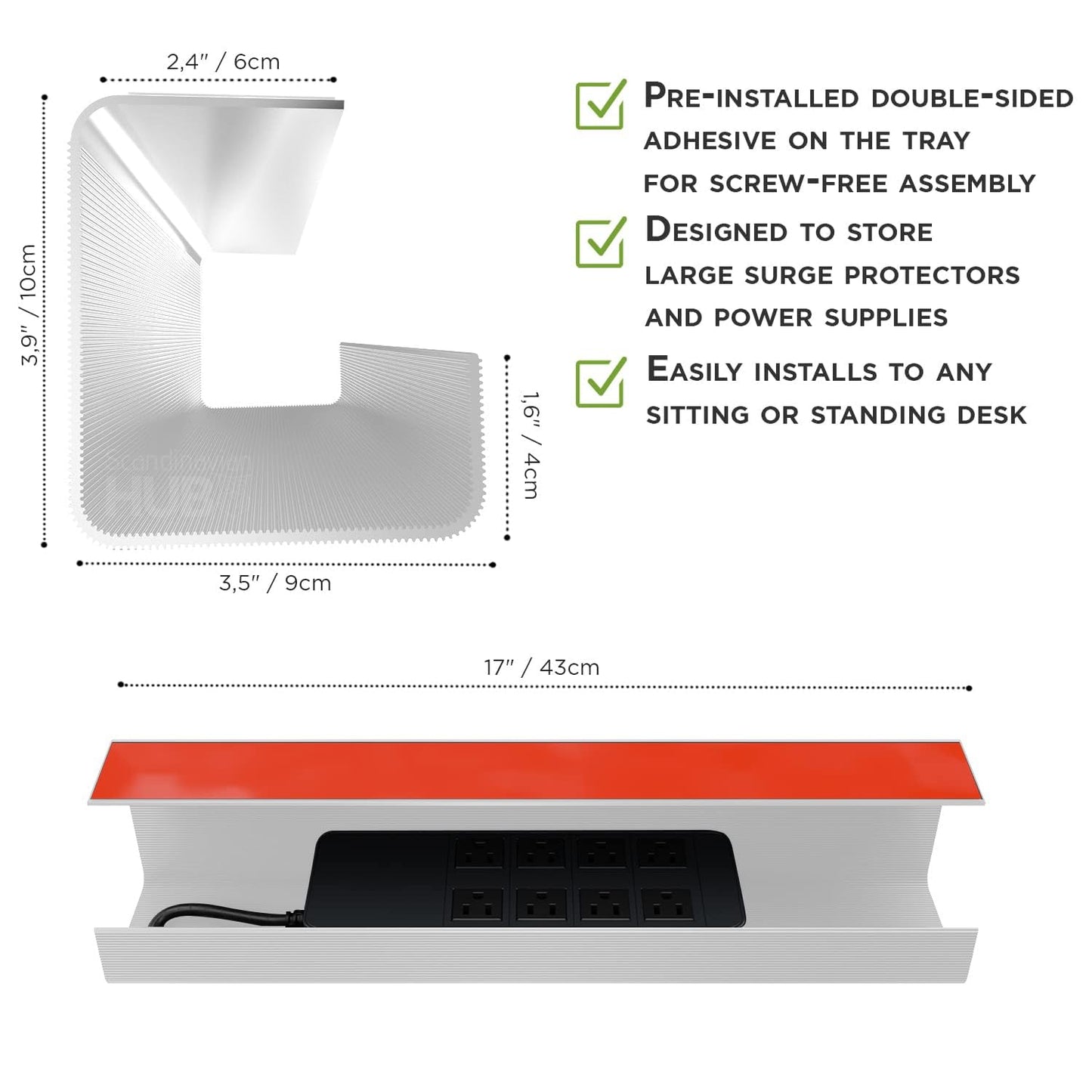 No-Screw Under Desk Cable Management Tray - Self-Adhesive Installation, Cord Management, Cable Tray, Under Desk Wire Organizer - White Set of 2