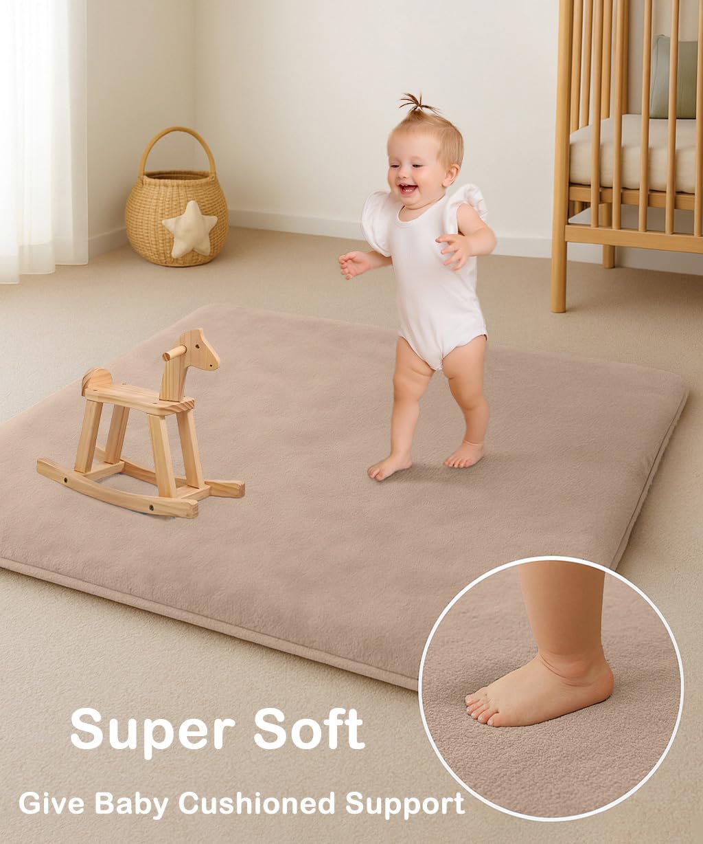 Lansber Thick Padded Baby Floor Play Mat 1.2" Cushioned Velvet Surface Non Slip Bottom High Density Foam Safe and Soft Floor Mat for Infants Toddlers and Playpen Use (Lightbrown, 50X 50)