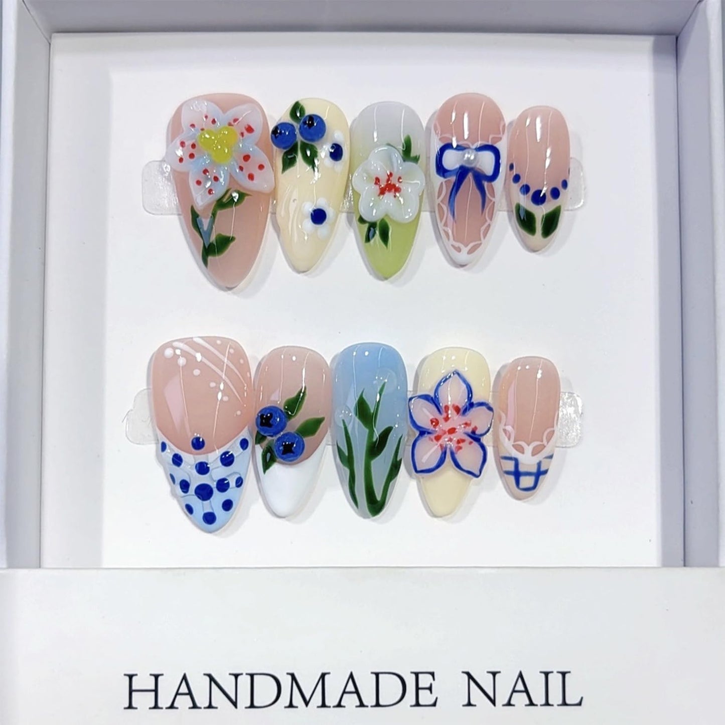 Handmade Press On Nails – Short Almond False Nails for Women, Reusable Acrylic with Bow& 3D Blueberry Design – Salon Quality Fake Nails（S）