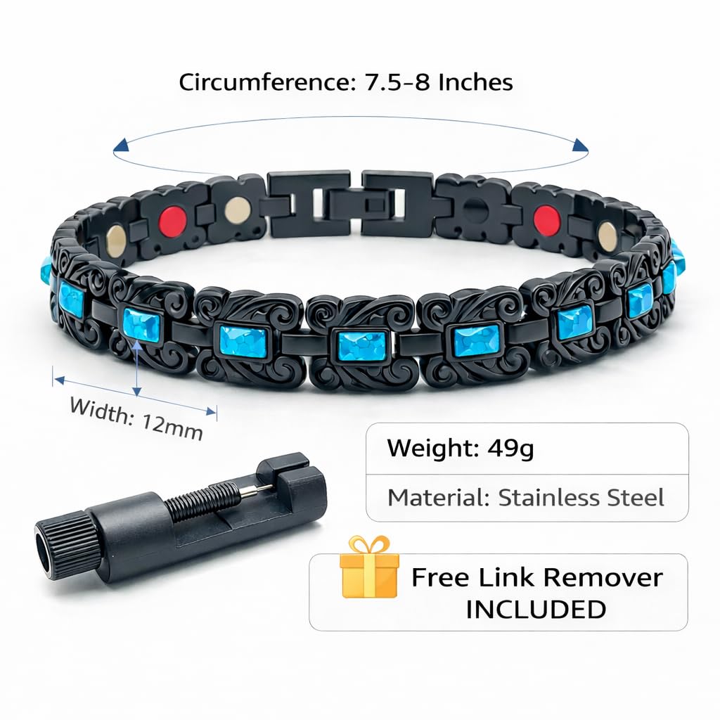 38 Elegant Stainless Steel Blue zircon Magnetic Bracelet for Women Magnetic Functions with Free Link Removal Tool Mother's gift (Black With Blue ziron)