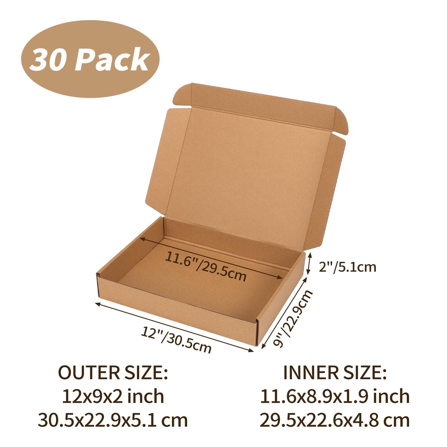 Serwrsw 12x9x2 inch Shipping Boxes Set of 30 Brown, Inner Size 11.6x8.6x1.6 inch Cardboard Mailing Boxes for Small Business Packaging or Gift Wrapping