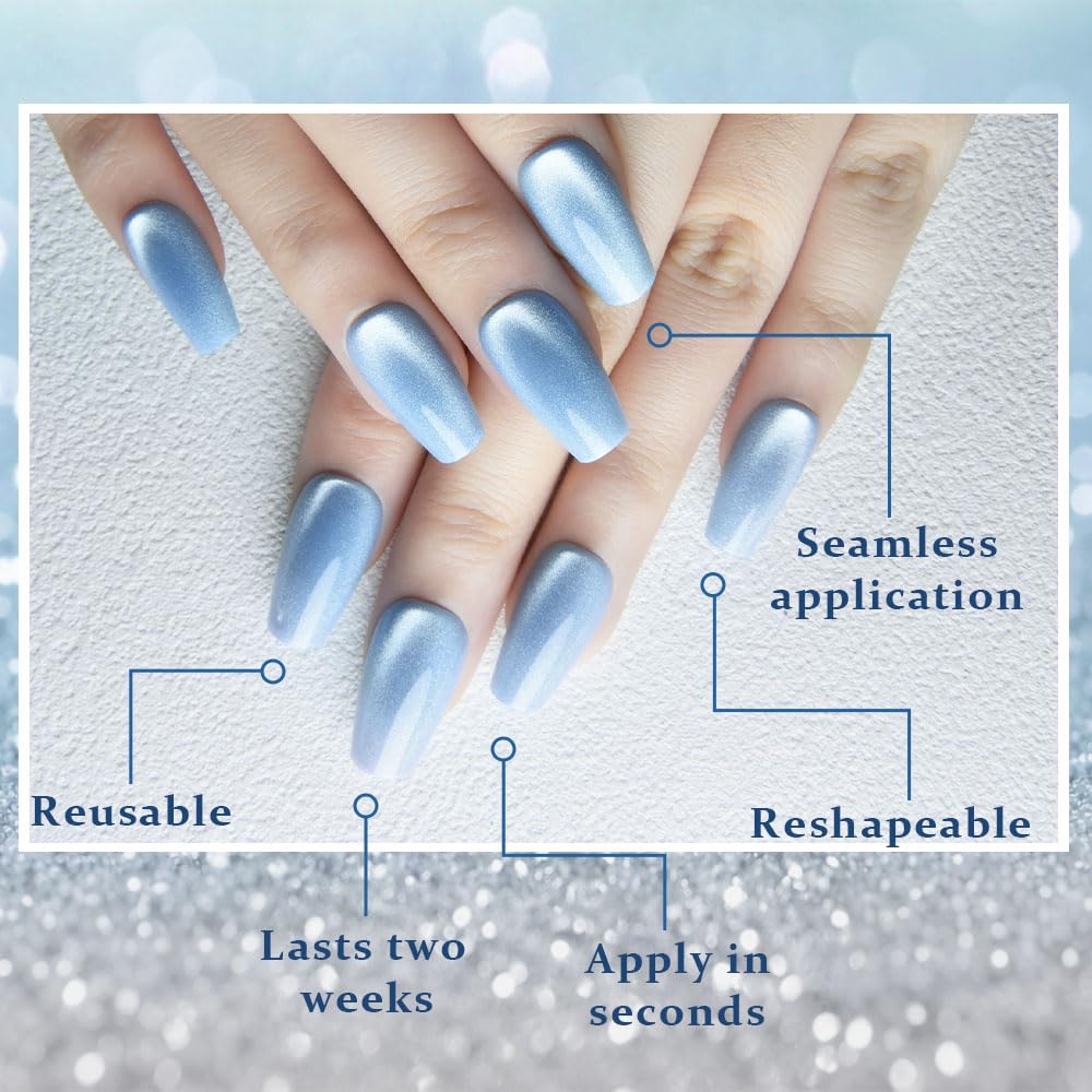 evpct Light Blue Cat Eye Coffin Press on Nails Medium Square No Glue, Medium Square Stick on Nail for Women, Light Blue Metallic Glitter Glossy Reusable Summer Soft Press on Acrylic Nail with Designs