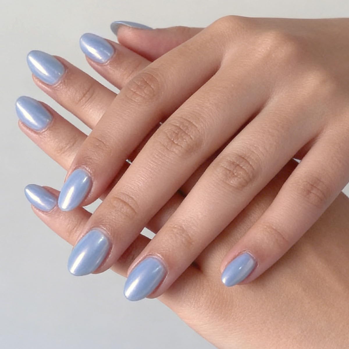 Blue Chrome Press on Nails Short Oval Fake Nails Spring Summer Nails Press ons with Glazed Design,Reusable & Easy Apply Full Cover Stick on Nails for Women Manicure 32Pcs
