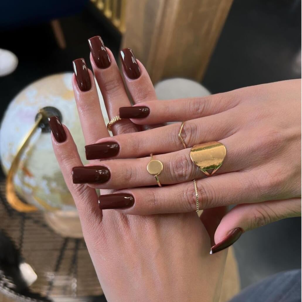 Fall Nails KQueenest Medium Long Press On Nails Coffin Nails Press Ons Gloss Brown Dark Color Long Fake Nails For Women Thick Gel Square Tip Nails Acrylic False Nails Set, 24 Pcs