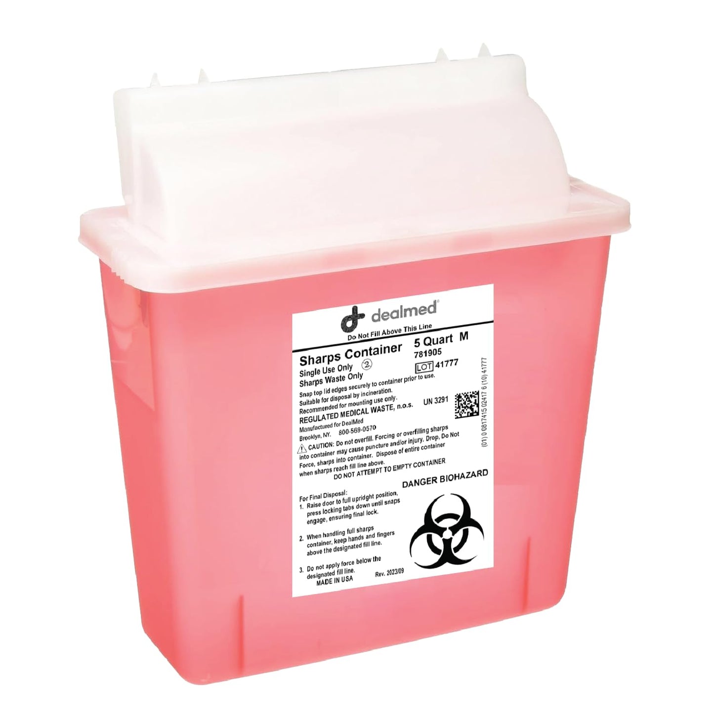 Dealmed Sharps Container 5 Quart Mailbox Lid, Professional Medical Needle Disposal, Puncture Resistant Container for Healthcare Facilities, Red (Pack of 2)