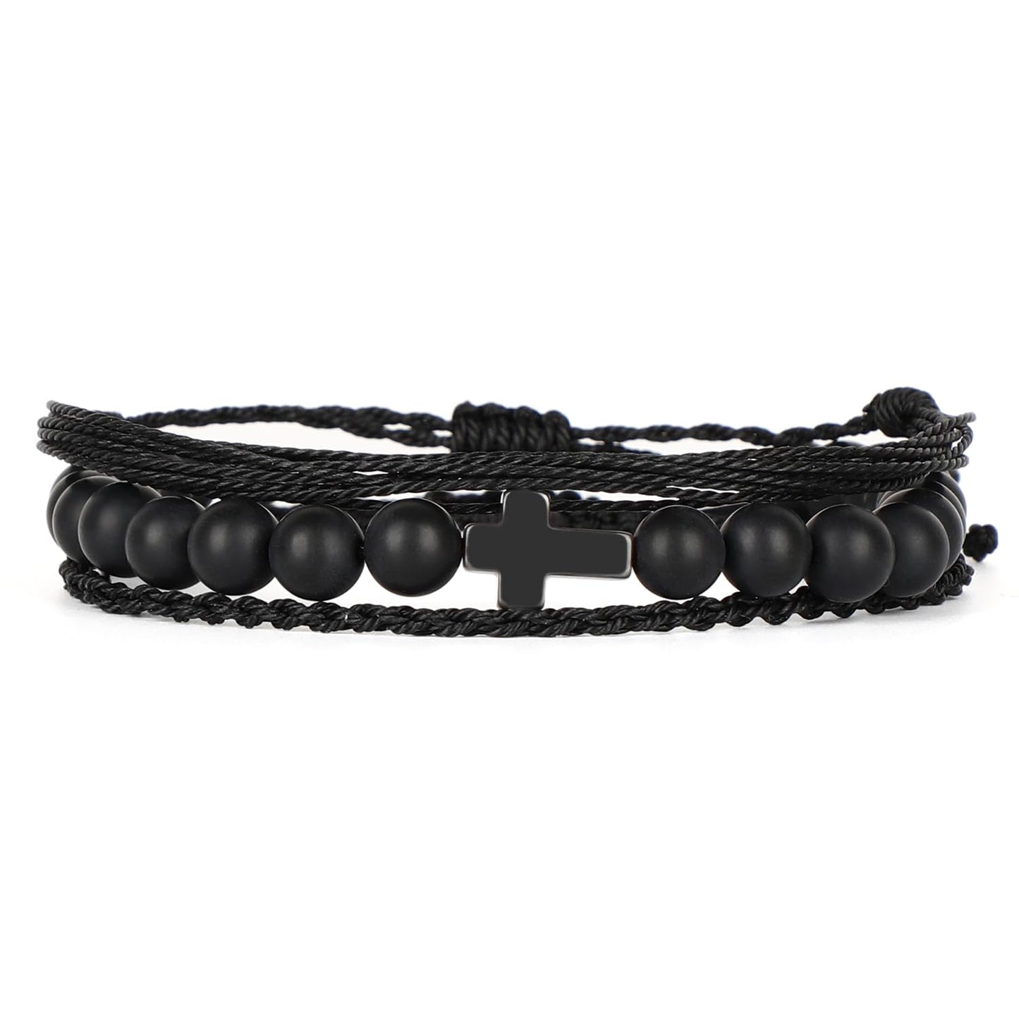 QOGIR Handmade Healing Bracelets,8mm Natural Matte Black Onyx Cross Beaded Bracelet for Men Women Gifts with 2PCS Size Adjustable Rope Bracelets