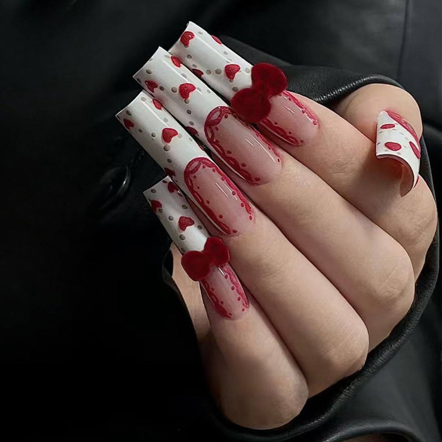 IMRAIN Square Press on Nails Long Length Fake Nails Full Cover Glue on Nails Glossy White French Tips False Nails with Furry Bow Designs for Women