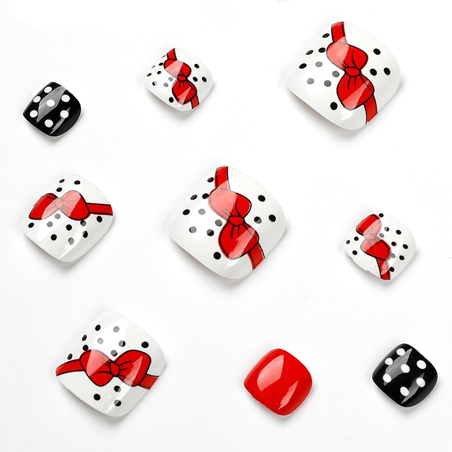 Vezocim Press on Toenails with Red Bow Designs, 24Pcs Artificial Short Black Fake Nails for Toe, Glossy Full Cover Foot Acrylic False Nails, Press ons Toenails with Charm for Women Girls