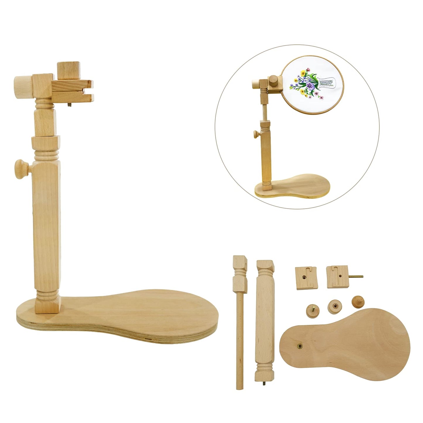 Adjustable Embroidery Hoop Stand Cross Stitch Stand Lap, Beech Wood Embroidery Hoop Holder Frame, Rotated Needlepoint Frame Stand for Art Craft Sewing Needlework Projects
