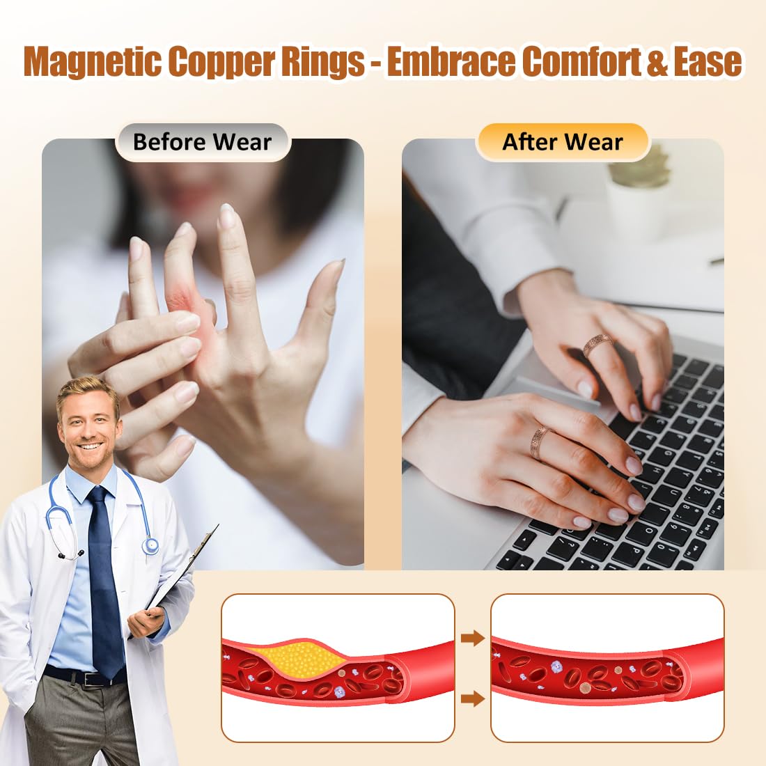 Vicmag 2PCS Magnetic Copper Rings for Women & Men,99.99% Pure Copper Ring with 9X Magnets Gift Adjustable(9X Plum)