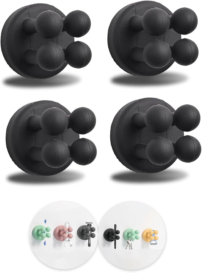 4Pcs Silicone Toothbrush Holders for Bathrooms,Waterproof Self Adhesive Multifunctional Hook for Hanging Towel Key Plug Cable for Bathroom Kitchen Living Room Office Black