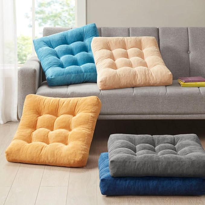 Meditation Floor Pillow Set of 2, Square Large Pillows Seating for Adults, Tufted Corduroy Cushion for Tatami Living Room, Grey, 22x22 Inch