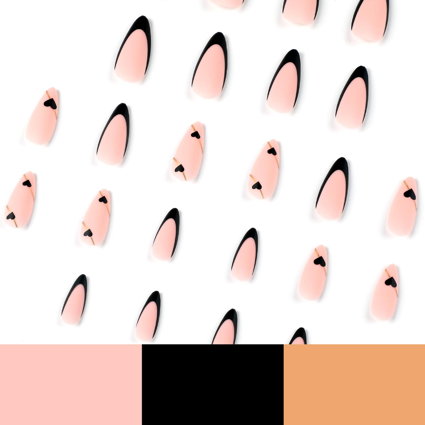 Black French Tip Press On Nails - Almond Medium Fake Nails with Gold Line Design - Heart Full Cover Stick On Nails for Women - 24 Pcs