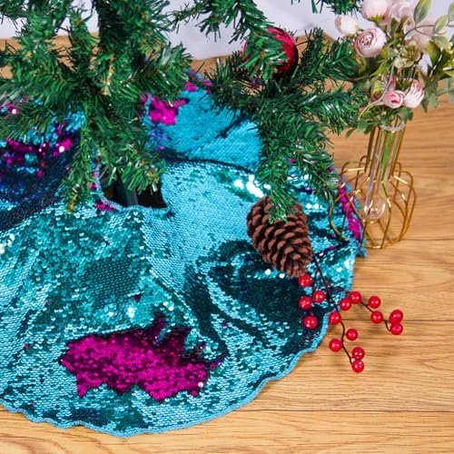 Christmas Tree Skirt 24 Inches Turquoise to Hot Pink Mermaid Sequin Tree Skirts 24 Inches Small Round Tree Skirt for 1.5ft Xmas Trees Indoor or Outdoor