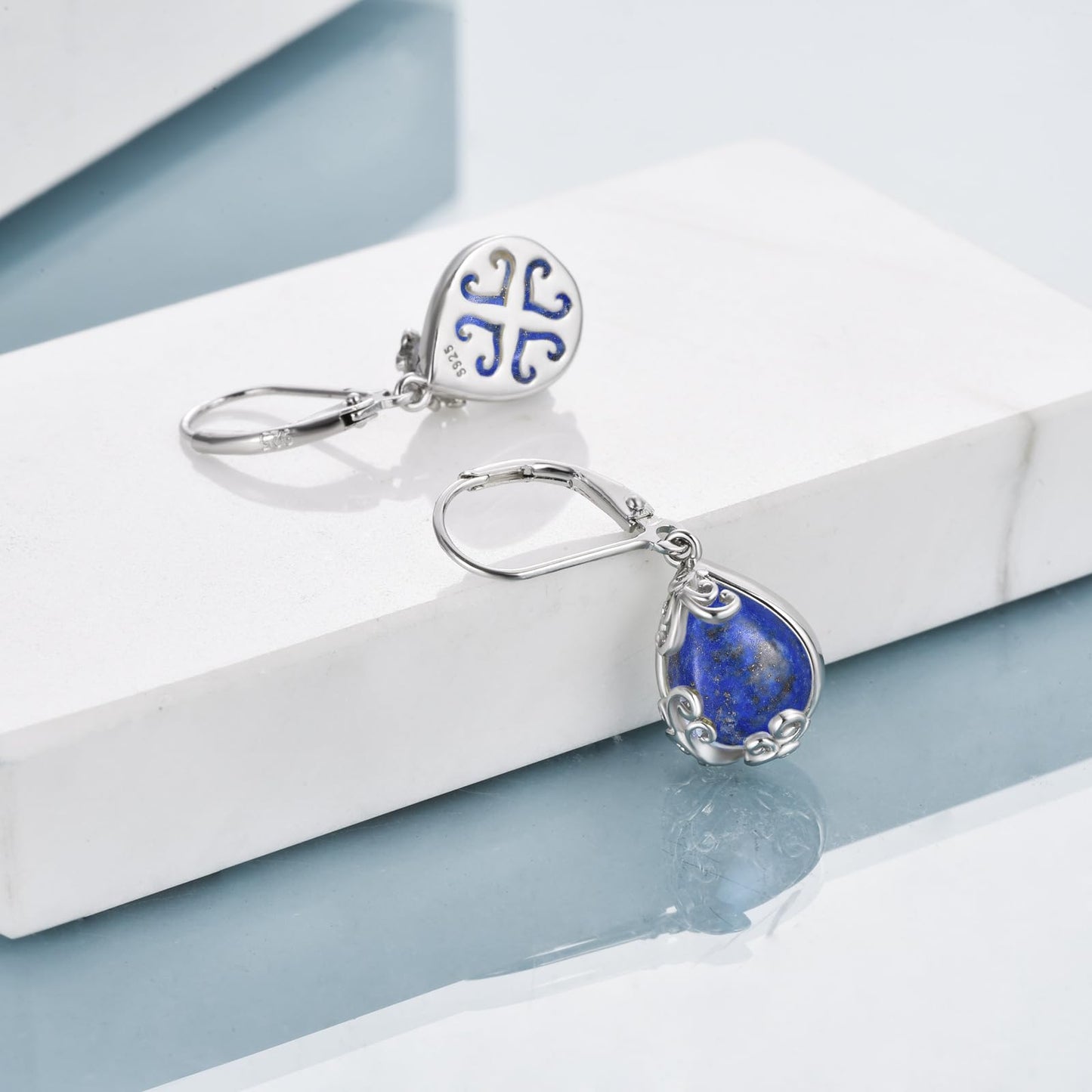 POPLYKE Lapis Lazuli Filigree Teardrop Drop Dangle Earrings Sterling Silver Crystal Leverback Earrings Jewelry for Women