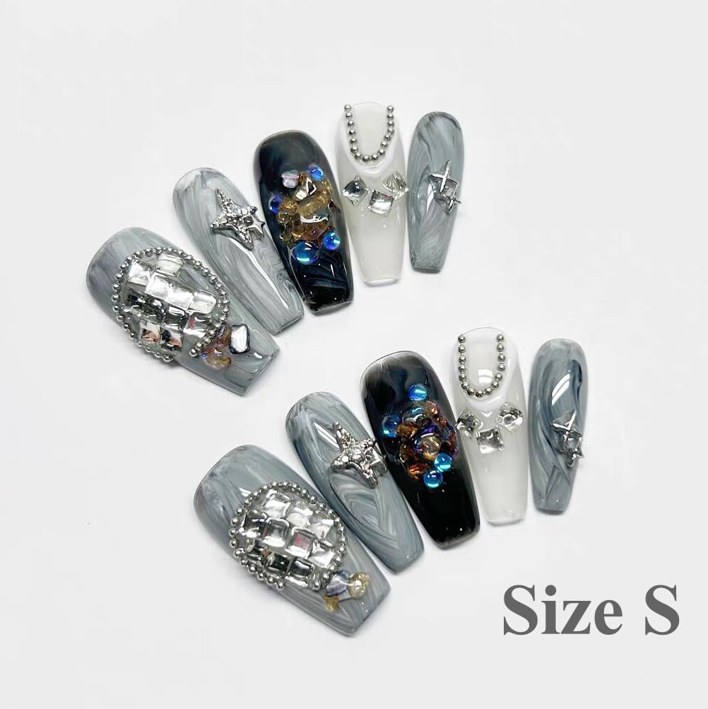 LIFOOST Long Coffin Press on Nails Handmade False Nails with Full Diamond Designs, Grey Y2k Luxury Reusable Fake Nails Stick on Nail, Size Small