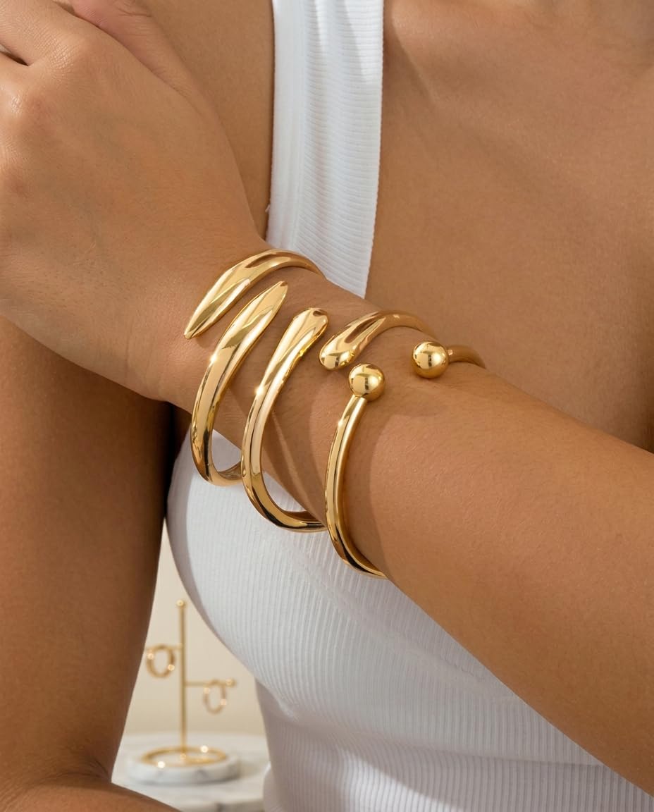 Chunky Gold Bangle Bracelets for Women, 14k Gold Plated Dainty Cuff Stackable Bangles Set, Trendy Bracelet Stack Fashion Jewelry Gifts (06-GOLD)