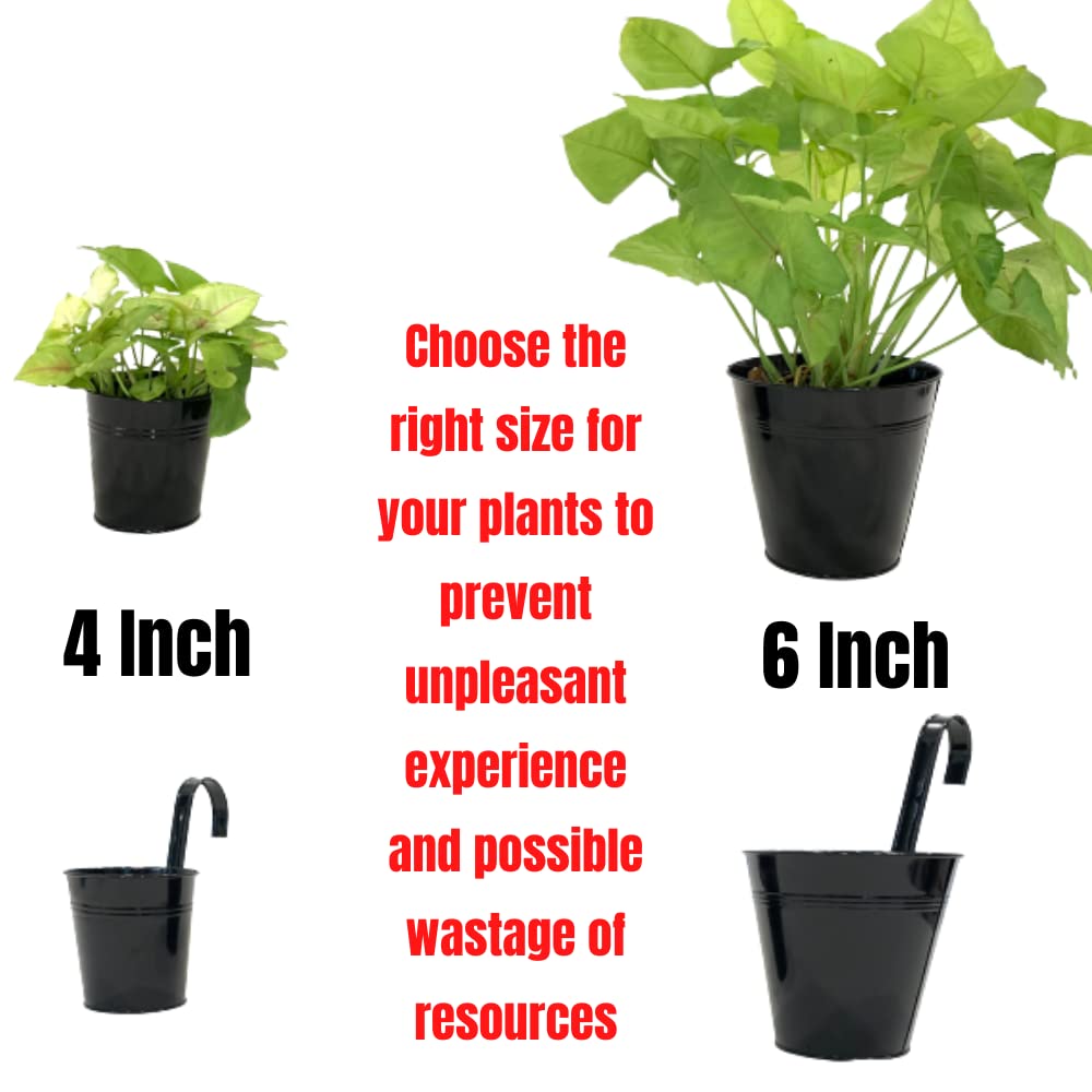 LaLaGreen Bundle - 6 Pack, 11.2 Inch Rounded Hanging Pot + 10 Pack, 6 Inch Black Metal Flower Pot, Large Outdoor Fence Deck Porch Railing Bucket, Modern Style Window Hanger Hook Balcony Plant Decor
