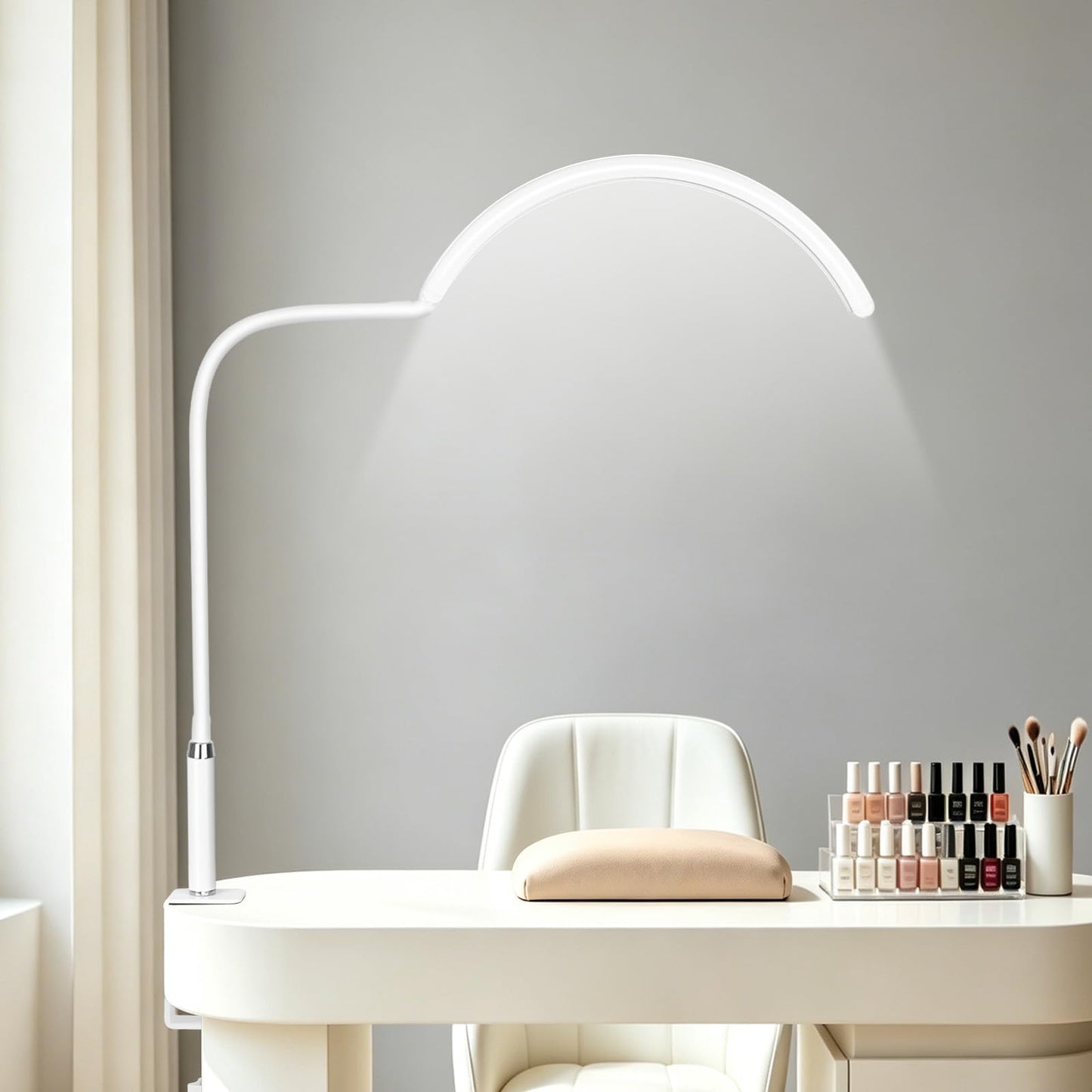 Half Moon Light for Nail Desk - Professional Shadowless LED Manicure Lamp with Clamp, 3 Color Modes & 10 Brightness Levels, Eye-Caring Beauty Lamp for Eyelash Extensions, Tattoo, Estheticians