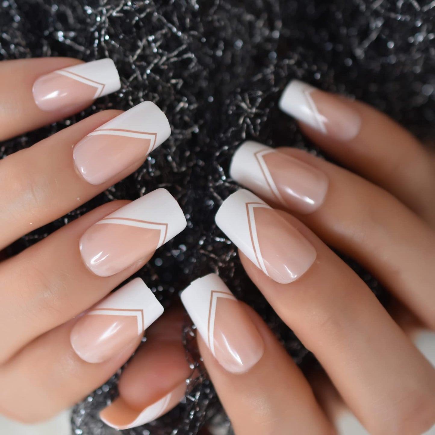 Coolnail Glossy White V French Press on False Nails Square Flat Top Shape Gel Natural Nude Medium Long Fingersnails for Women and Girl