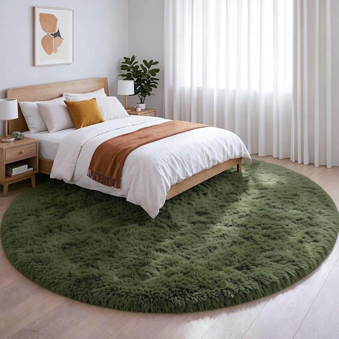 Amdrebio Olive Green Round Rug 5Ft for Living Room Bedroom, Fluffy Shaggy Modern Circle Area Rugs for Kids Room, Soft Plush Fuzzy Shag Carpet for Playroom Office Dorm Nursery Classroom, Home Decor