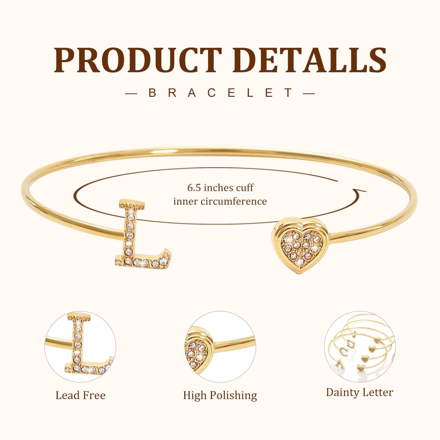 BXDA Trendy Gold Plated Heart Initial L Cuff Bangle Bracelet for Women, Handmade Statement Cubic Zirconia Stackable Open Letter Bracelets Fashion Jewelry Accessories Gift