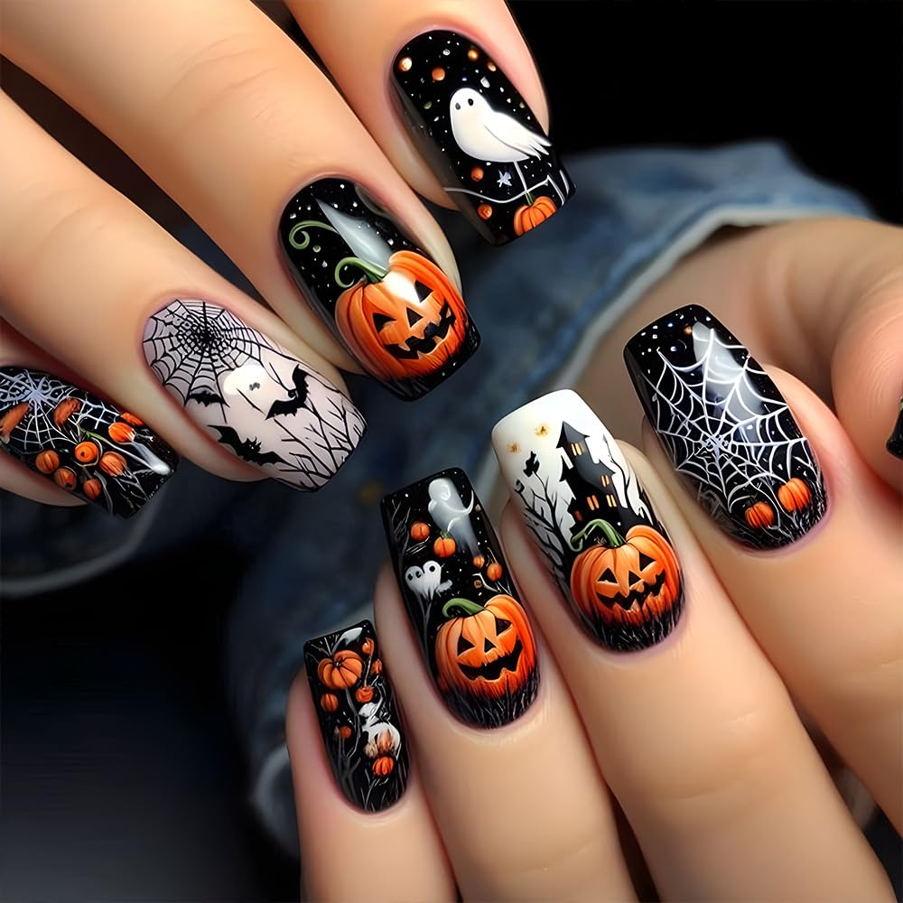 Halloween Press on Nails Medium Square Fake Nail Cobweb Pumpkin False Nails with Castle & Bat Designs Full Cover Glossy Stick on Nail Ghost Glue on Nails for Women 24Pcs