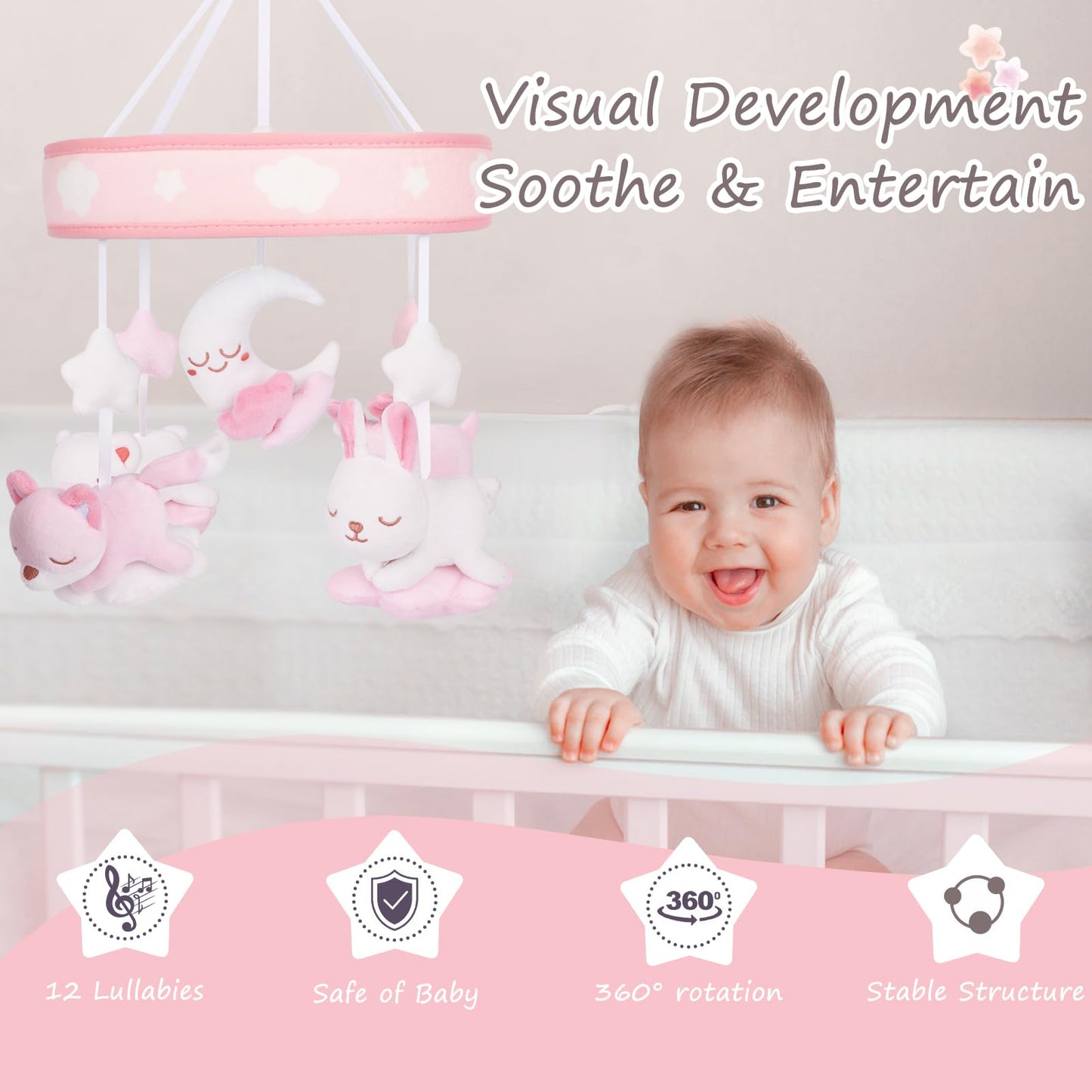 Yierchoo Baby Mobile for Crib with 12 Lullabies Digital Musical Box, Spiral Car Seat & Stroller Activity Toy, Pink Design for Nursey Decor