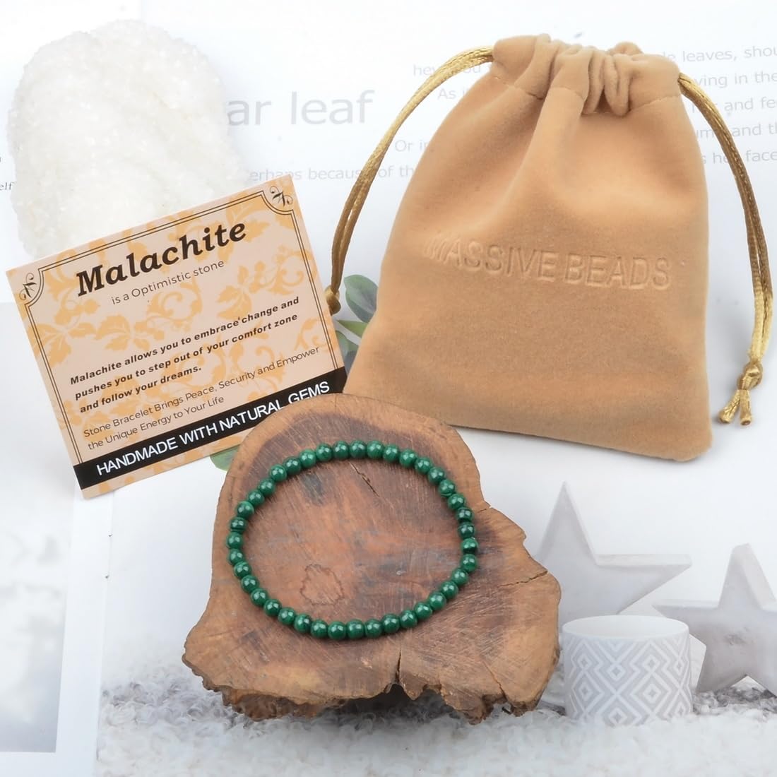 MASSIVE BEADS Malachite - Optimistic - Handmade Handmade Yoga Stretch Elastic Bracelet Natural Stone Crystal Healing Power Energy Gifts for Unisex Adult 4mm