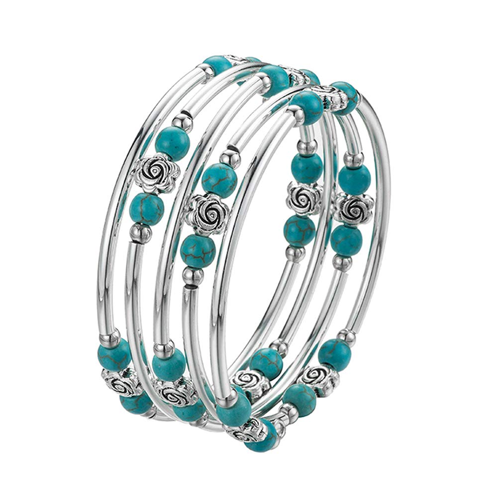 BULINLIN Wrap Bangle Rose Bead Bracelet - Beaded Bracelet with Natural Agate Stone Gifts For Women(01-Turquoise)