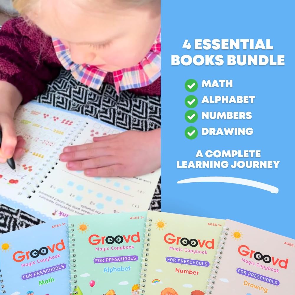Groovd Children's Magic Copybooks - Reusable Grooved Writing Books for Kids - Handwriting Practice Workbooks, Calligraphy Learning Kit & Tracing Tools Set, 4 Books with Pen & Ink Refills (Ages 3-8)