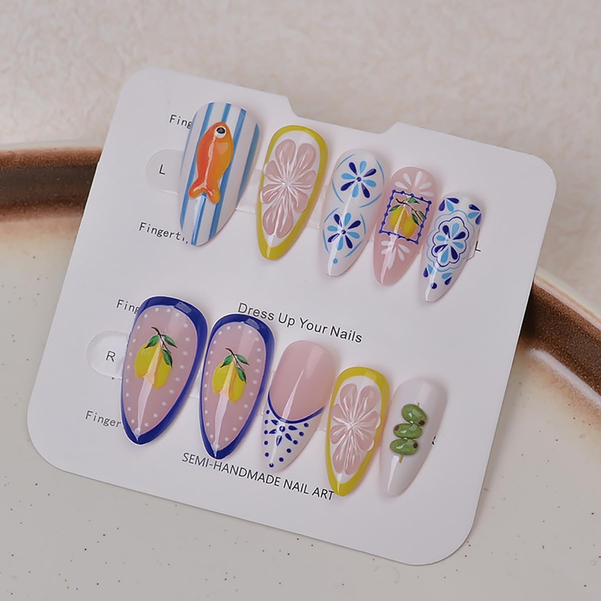 24Pcs Summer Press on Nails Medium Almond Fake Nails Bohemia French Tip Press Ons Design 3D Cute Fish Lemon False Nails Summer Fruit Full Cover Glue on Nails Cute Stick on Nails for Women Acrylic