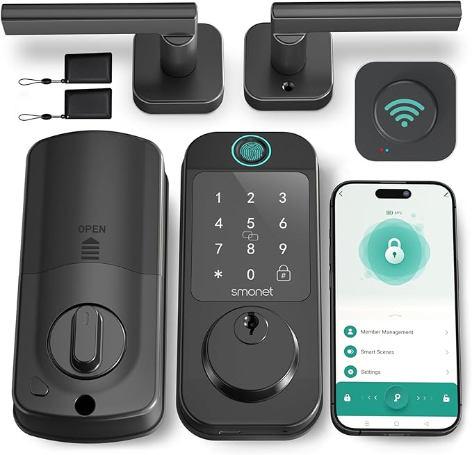 Keyless Door Lock with Handle Set - SMONET WiFi Fingerprint Smart Locks for Front Door, App Remote Control, Digital Bluetooth Keypad Deadbolt Set with Alexa, Auto Lock, Code, Fobs for Home Black