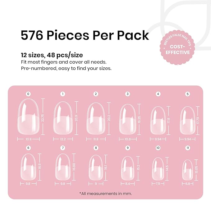 Beetles Gel Nail Tips Short Oval 576Pcs, 12 Sizes Pre-Shaped Half Matte Press On Nails Gelly Tips False Nails for Gel Full Cover False Nails Home DIY Nail Salon Gifts for Girls Women