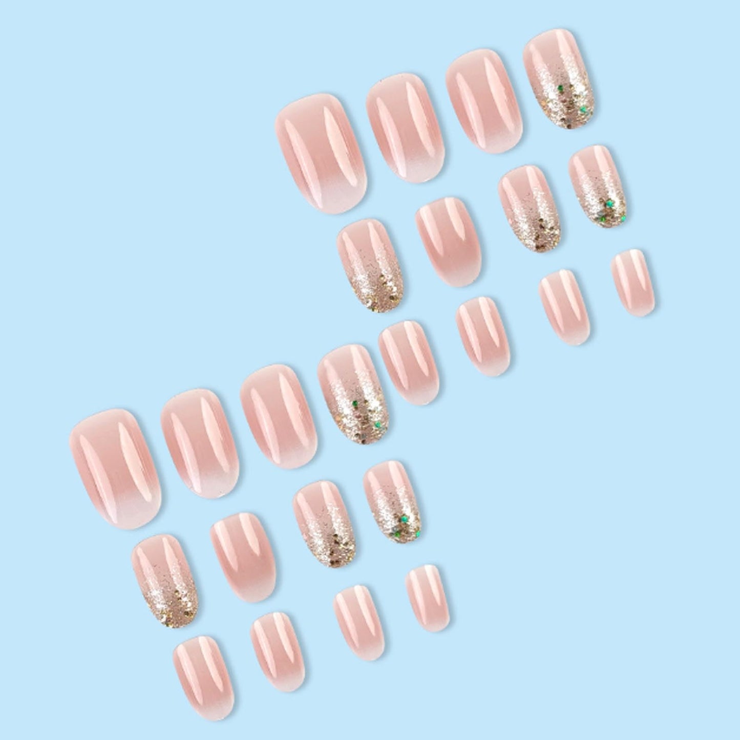 Hkanlre Almond Short Press on Nails Tips Full Cover Gradient Flower False Nails Sequins Pink Fake Nails for Women 24PCS