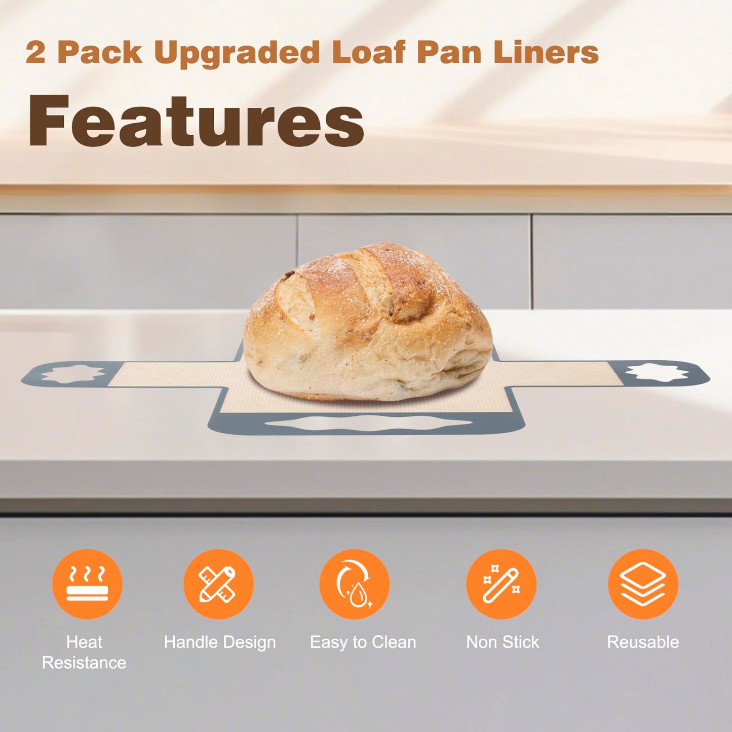 2 Pcs Silicone Bread Loaf Pan Liners, Reusable Food-Grade Silicone Bread Baking Mat, Non-Stick & Heat Resistant Loaf Pan Lifters, Sourdough Sling with 4 Handles, Fits 9x5" or 1.5Lb Loaf Pans