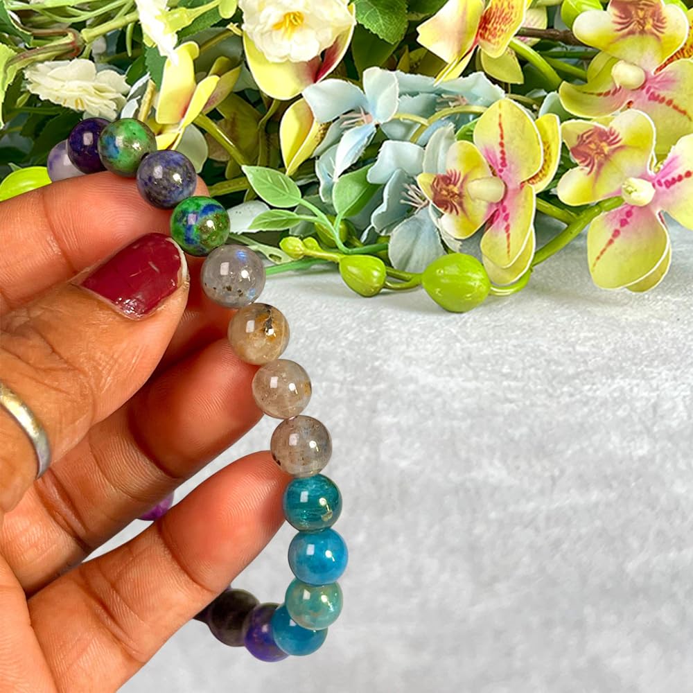 Crystal Treasure Third Eye Chakra Crystals Sodalite,Amethyst,Himalayan Quartz,Azurite Malachite,Rhyolite,Blue Aventurine Stone Round Beaded Stretchable Bracelet