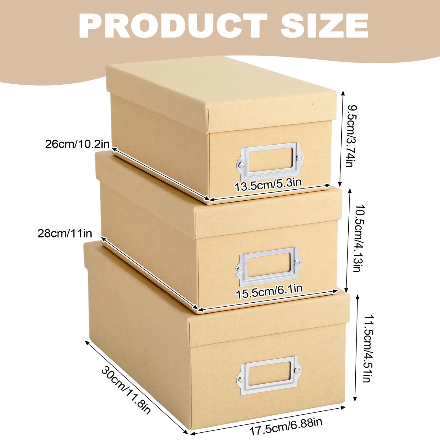 Threehoney 9 Pcs Kraft Storage Boxes Rectangle Stacking Boxes with Lids and Cardboard Organizers with Gold Label Holders for Home Decor and Organizing(Khaki)