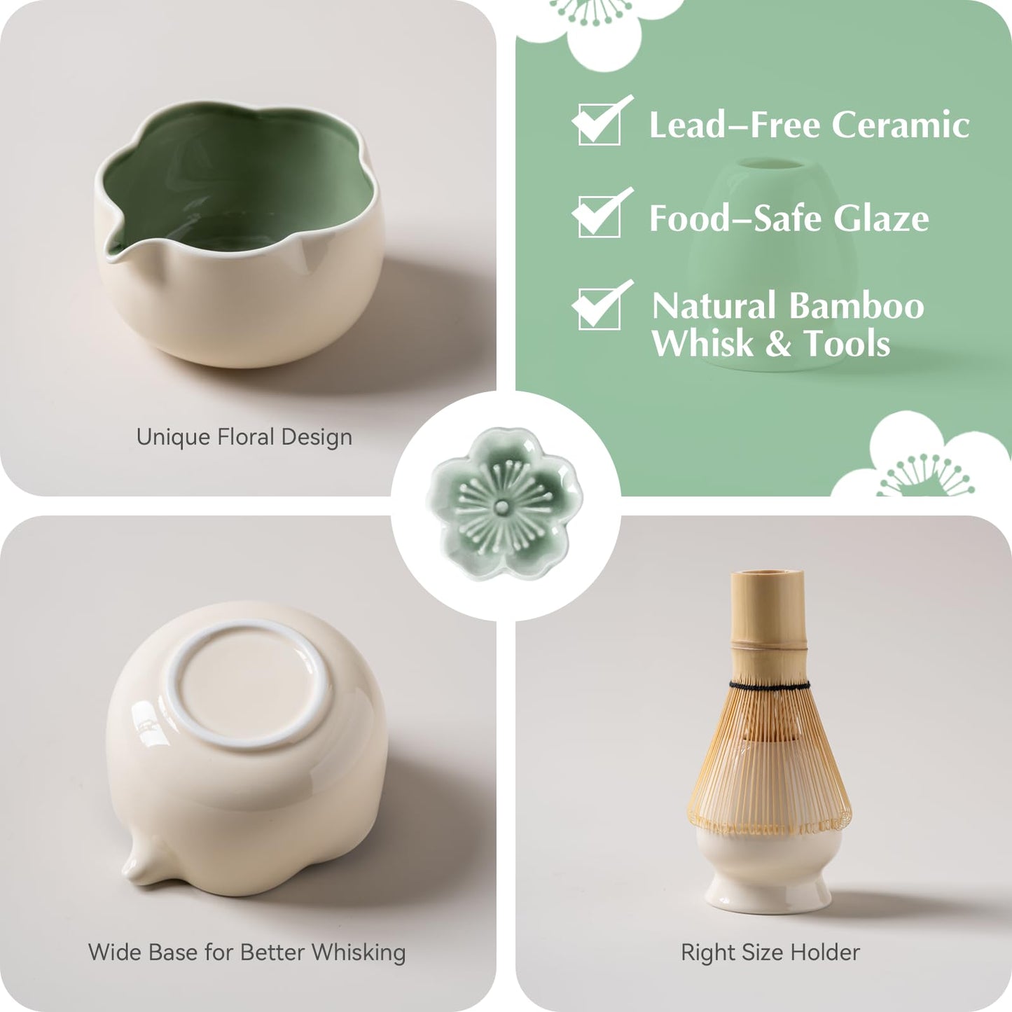 ChaseWind Matcha Set, 8Pcs Floral Ceramic Matcha Kit with Matcha Whisk, Holder, Scoop, Scoop Rest, Sifter, Spoon and Tea Towel - Thoughtful Matcha Whisk Set Gift for Matcha Lovers (Beige & Green)