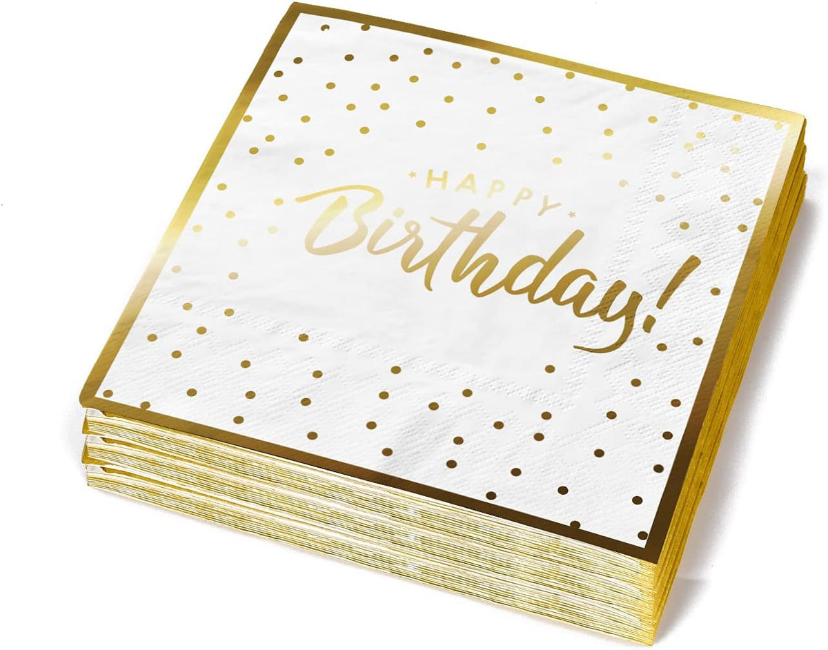 Gatherfun Birthday Party Supplies Napkins Disposable Paper Napkins with Gold Stamping for Adults and Kids Birthday Party（6.5X6.5 in, 3-Ply, 50-Pack)