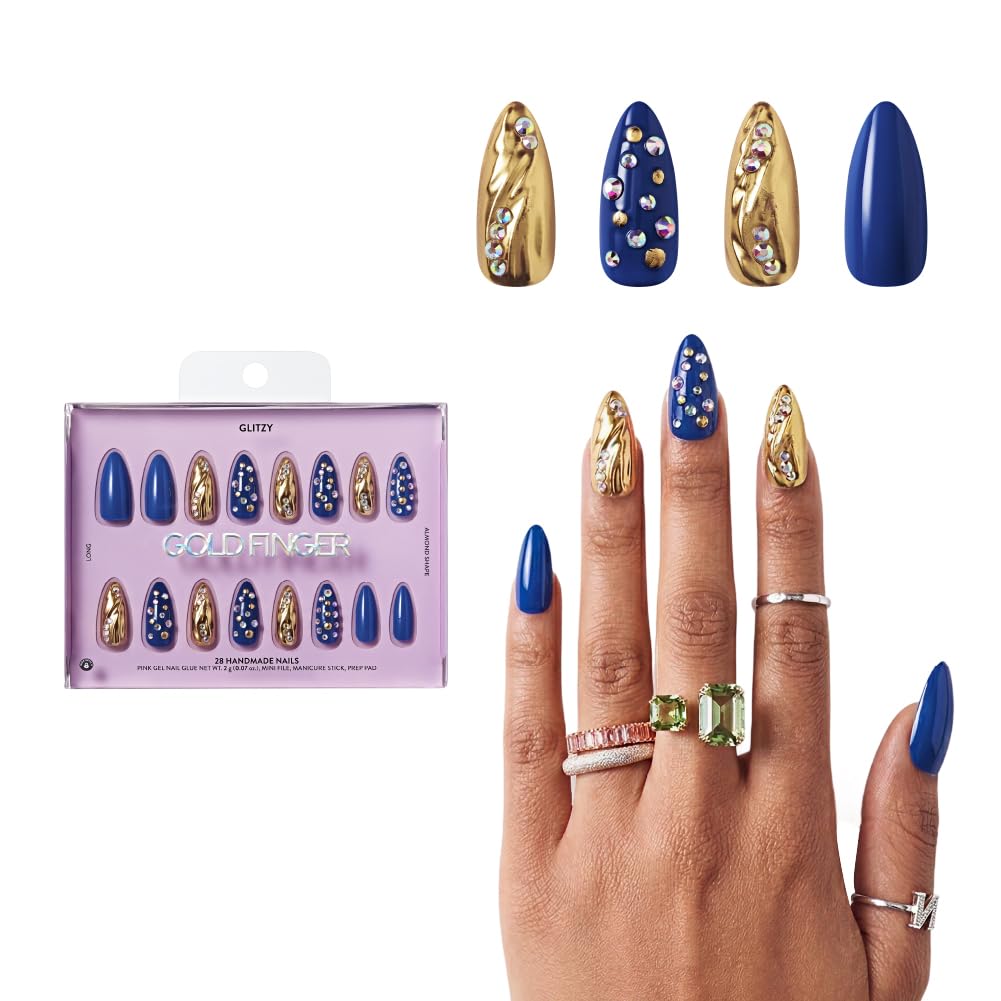 Glitzy 3D Handmade Press On Nail Kit, Rhinestone Gem Blue Gold Chrome Long Almond False Nail, Reusable & Lasts Up To 2 Weeks, Seamless Snug Fit Technology, Includes Glue, File & 28Pcs Manicure Set
