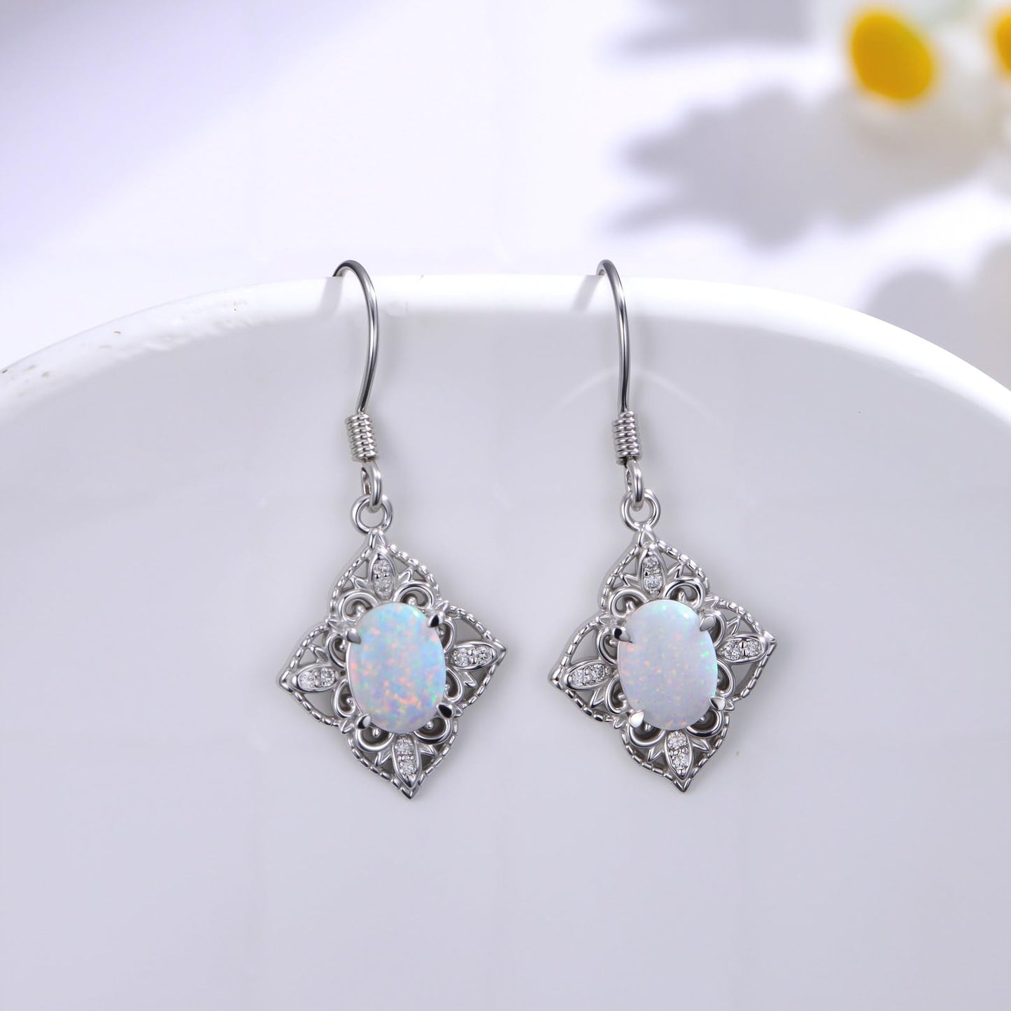 MOTIEL Vintage Opal Dangle Earrings for Women 925 Sterling Silver Genuine Opal Dangle Drop Earrings with Diamond October Birthstone Jewelry Gift for Mother Wife - Style A