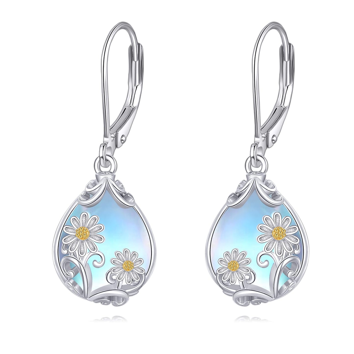 POPLYKE Moonstone Filigree Teardrop Drop Dangle Earrings Sterling Silver Daisy Leverback Earrings Moonstone Jewelry Gifts for Women
